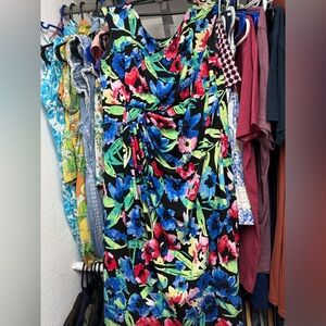 Connected Apparel Ruched Blue and Pink V-Neck Midi Dress